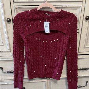 Pearl-Accent Cable Knit Crewneck Sweater - Burgundy